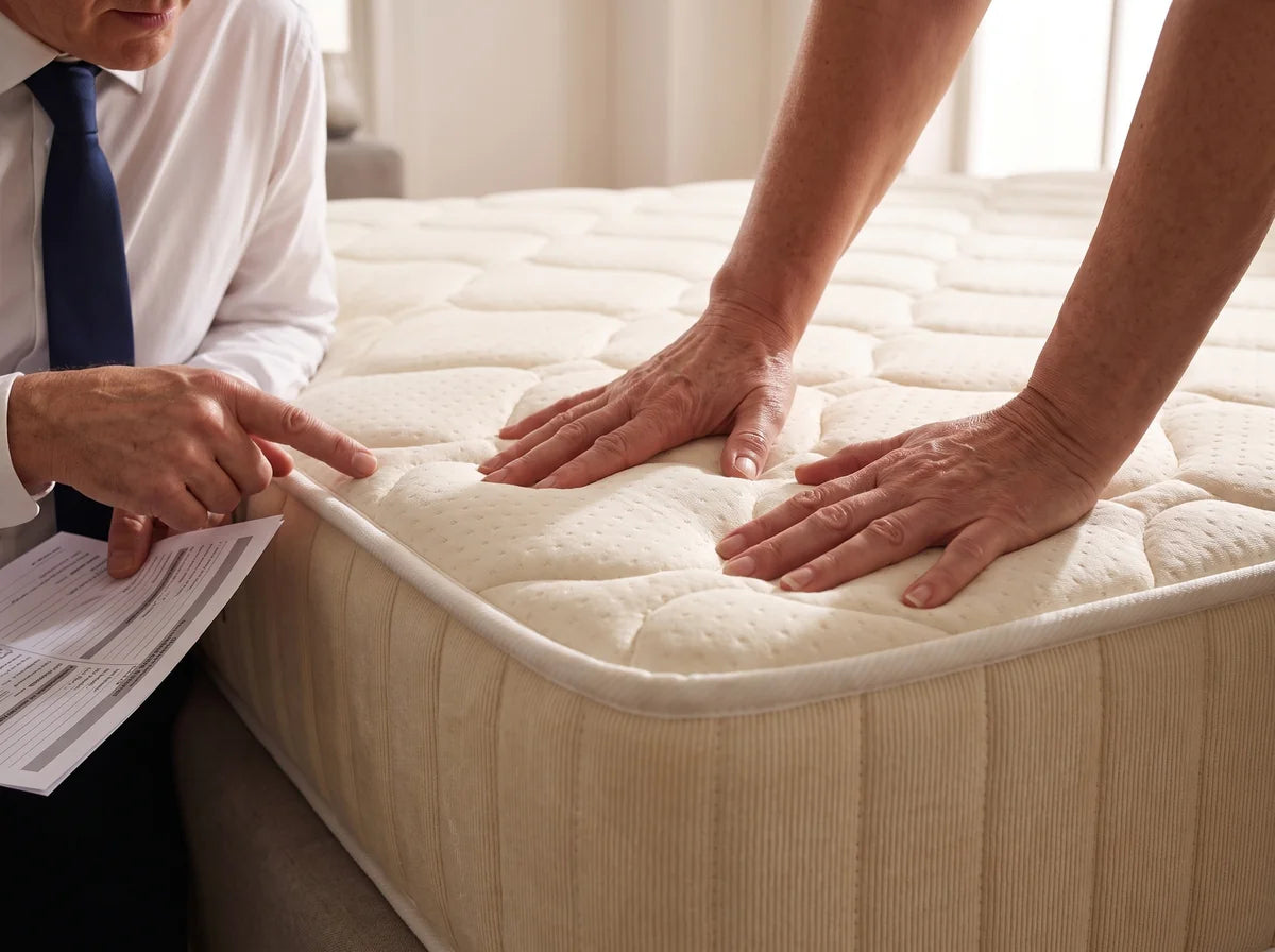 Berater von Wellness Pillow Milano mit Stoff- und Materialmustern am Wohnzimmertisch