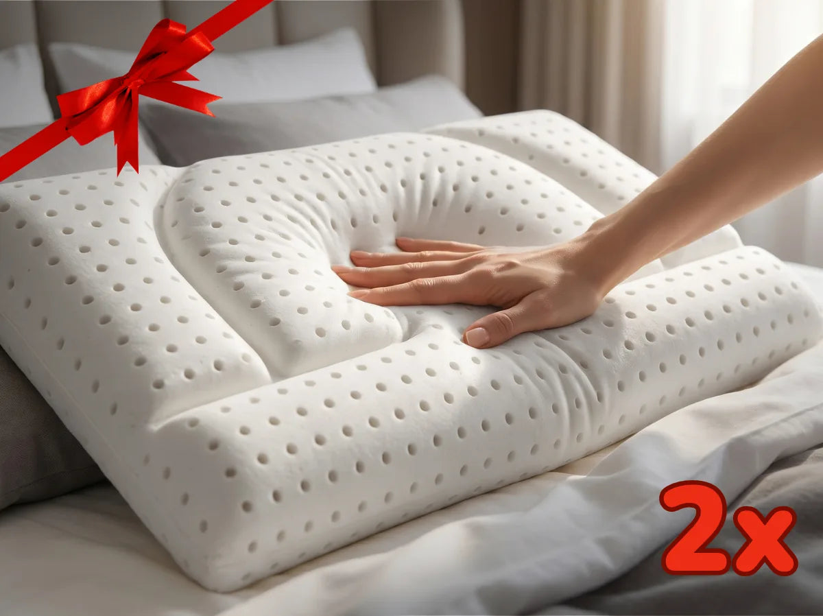 Zwei ergonomische Nackenkissen nebeneinander auf einem Bett